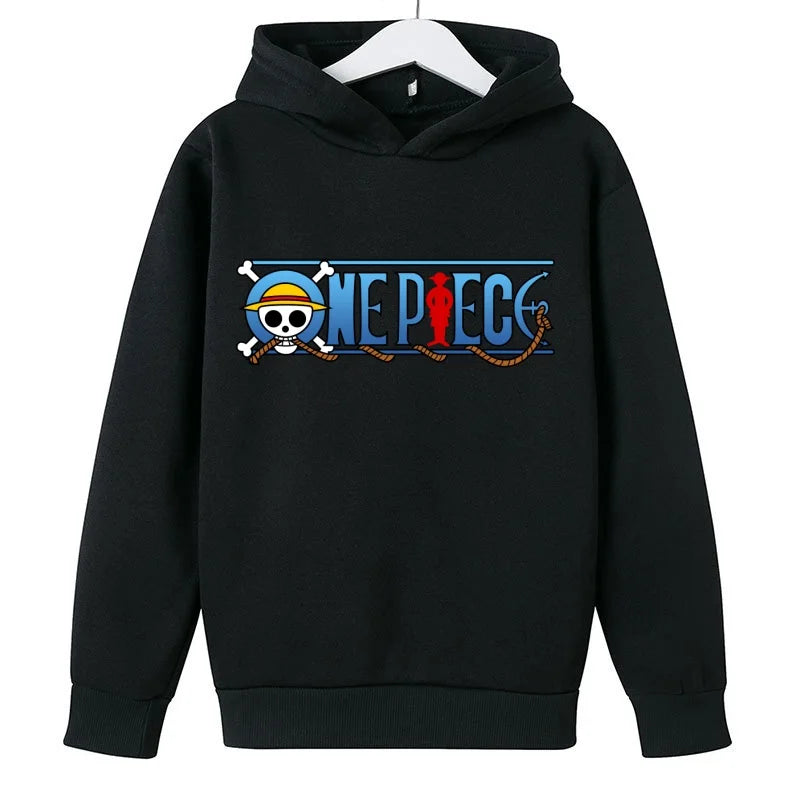 A trendy One Piece Kids Hoodie featuring cartoon graphic prints of Luffy and Zoro, designed as a casual spring and autumn pullover for children.