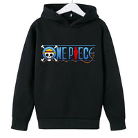 A trendy One Piece Kids Hoodie featuring cartoon graphic prints of Luffy and Zoro, designed as a casual spring and autumn pullover for children.