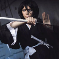 A complete Bleach Kuchiki Rukia Cosplay costume featuring the black Shinigami Shihakusho kimono and white sash, perfect for Thousand-Year Blood War reenactments.