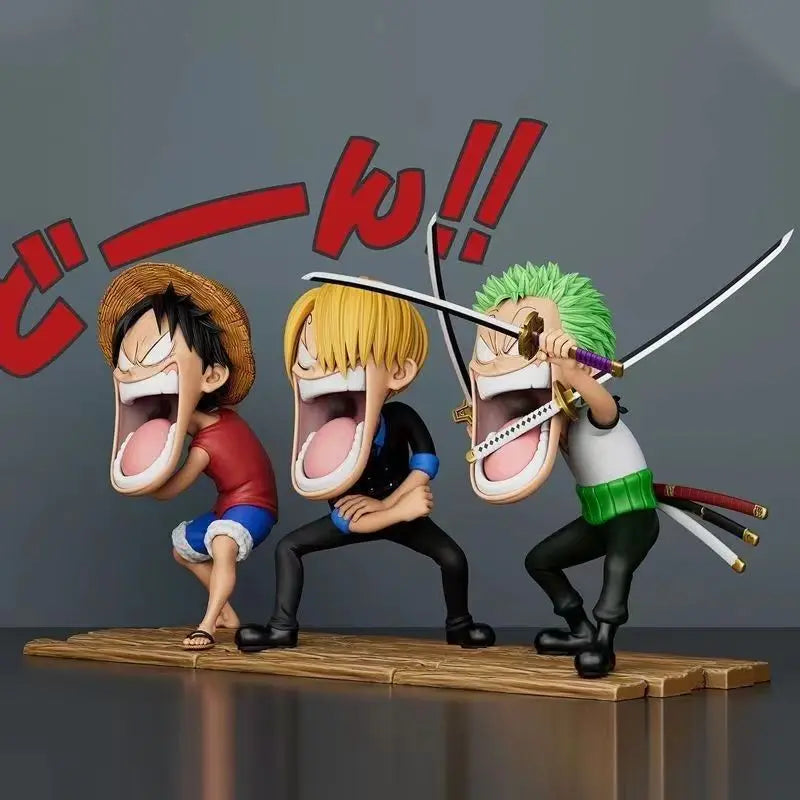 One Piece Hungry Trio Luffy Zoro Sanji Figure Set displayed on anime shelf 15CM PVC collectible