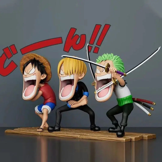 One Piece Hungry Trio Luffy Zoro Sanji Figure Set displayed on anime shelf 15CM PVC collectible