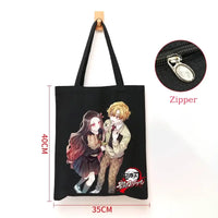 A durable Demon Slayer Canvas Bag featuring Kamado Nezuko and Tanjiro anime graphics, designed as a zipper tote for students and shoppers.