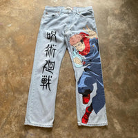 Trendy Y2K Anime Baggy Jeans featuring a Harajuku graphic print pattern, designed as high-waisted vintage streetwear for men and women.