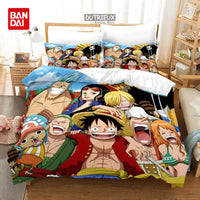 A Bandai One Piece Bedding Set featuring Monkey D. Luffy on a duvet cover and pillowcases, designed for anime bedroom decoration.