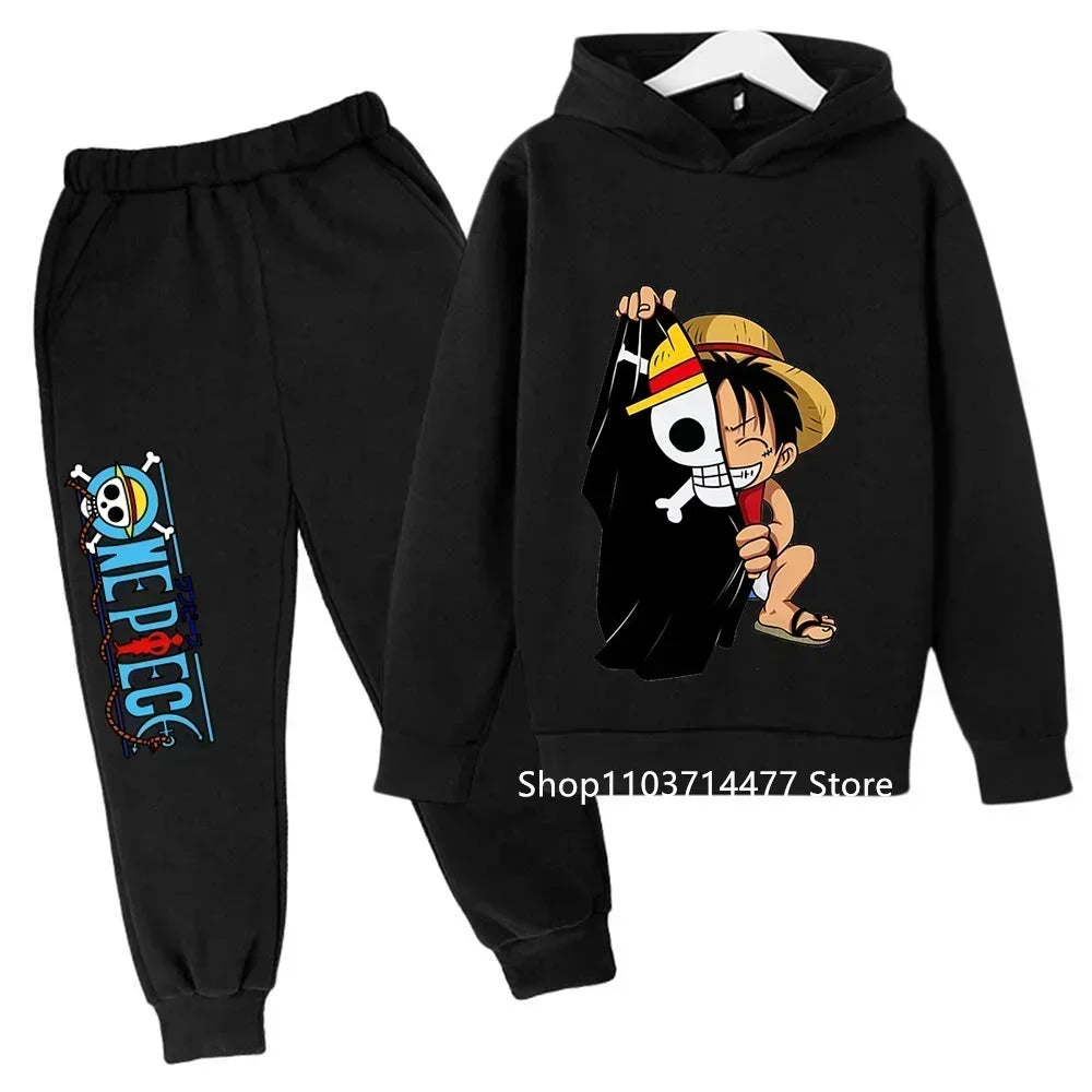 A comfortable One Piece Hoodie Set for kids featuring Monkey D. Luffy anime graphics, including a hoodie and pants 2-piece sports suit.