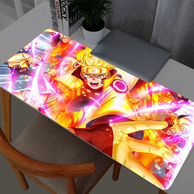 A high-quality Naruto Uzumaki Mouse Pad featuring dynamic anime artwork, rolling out on a Gabinete Gamer desk with a Varmilo keyboard and PC mouse.