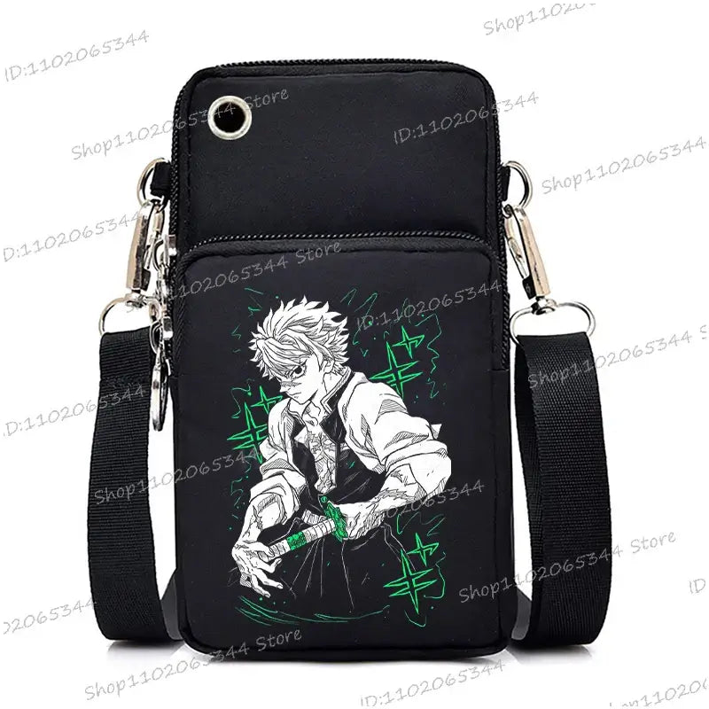A trendy Demon Slayer Phone Bag featuring anime art of Nezuko Kamado and Mitsuri Kanroji, designed as a Harajuku mini crossbody purse for women and men.