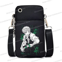 A trendy Demon Slayer Phone Bag featuring anime art of Nezuko Kamado and Mitsuri Kanroji, designed as a Harajuku mini crossbody purse for women and men.