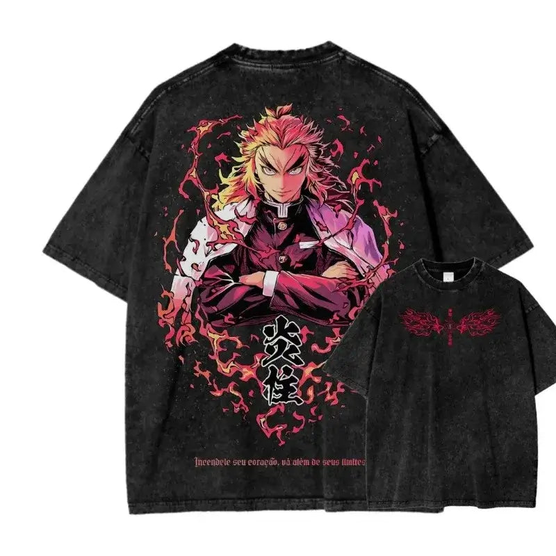 Retro Washed Anime Ghost Slayer Blade Oversized T-shirt for men and women on model
