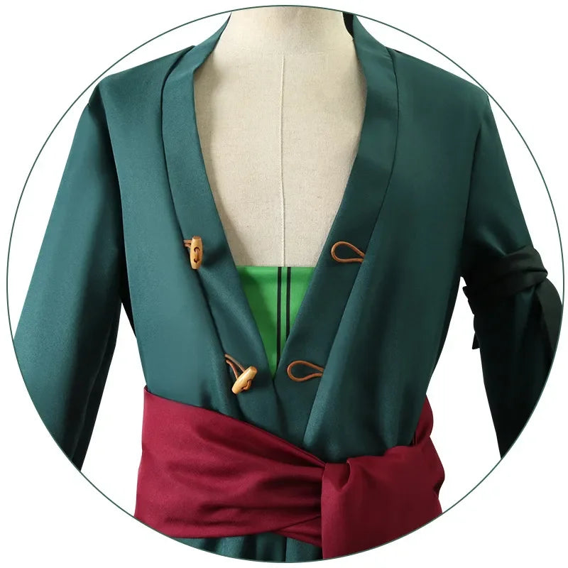 Roronoa Zoro Cosplay Costume including outfit, head scarf, and earrings available in adult sizes.