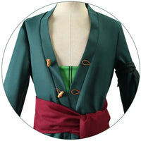Roronoa Zoro Cosplay Costume including outfit, head scarf, and earrings available in adult sizes.