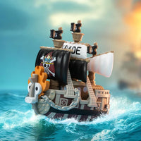 A Pop Mart One Piece Vehicles blind box packaging containing a surprise Grand Line Series ship figure for home decoration.