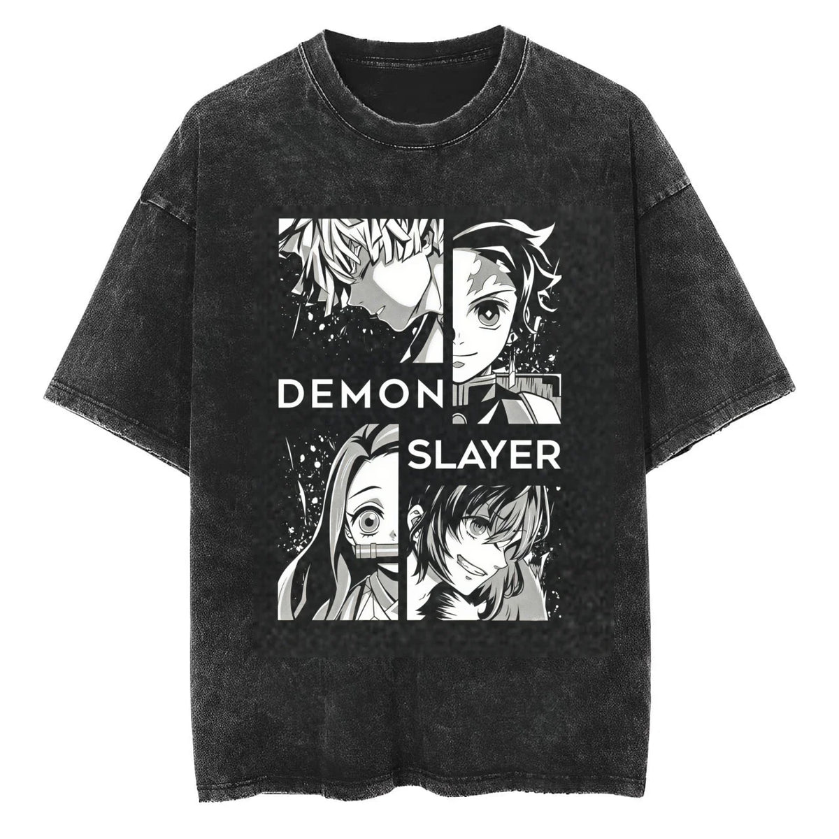 Demon Slayer T-Shirt Washed Tanjiro Nezuko close-up character graphic print detail vintage washed cotton fabric texture