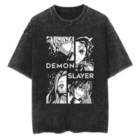 Demon Slayer T-Shirt Washed Tanjiro Nezuko close-up character graphic print detail vintage washed cotton fabric texture
