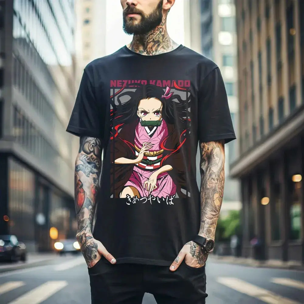 A stylish Nezuko T-Shirt featuring vibrant Demon Slayer anime art and Mitsuri Kanroji motifs, designed as a premium cotton tee for fans.