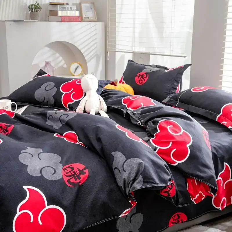 A creative Naruto Akatsuki Bedding four-piece set featuring cute 2D cartoon anime characters on a duvet cover and bed sheets.