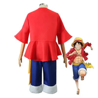 An adult wearing the 5-style Anime Monkey D Luffy Cosplay Costume from the Egghead arc, including the coat and hat.