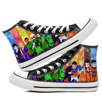 A pair of hot Dragon Ball Goku Canvas Shoes, anime fashion sneakers with a graffiti design for men, women, teenagers, and students.