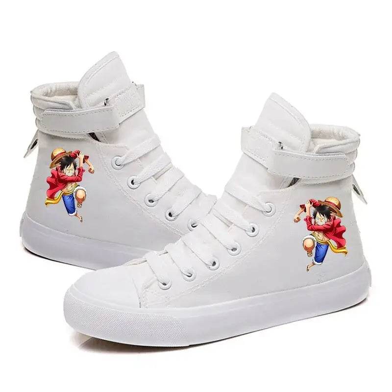 Trendy One Piece Luffy High Top Shoes featuring anime character art, designed as breathable non-slip leisure sports sneakers for students.