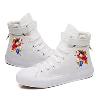 Trendy One Piece Luffy High Top Shoes featuring anime character art, designed as breathable non-slip leisure sports sneakers for students.