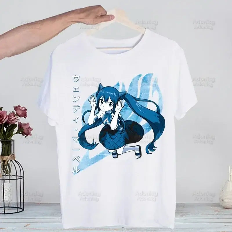 A hip hop style Fairy Tail T-shirt made of cotton featuring anime characters Natsu Dragneel and Lucy Heartfilia.