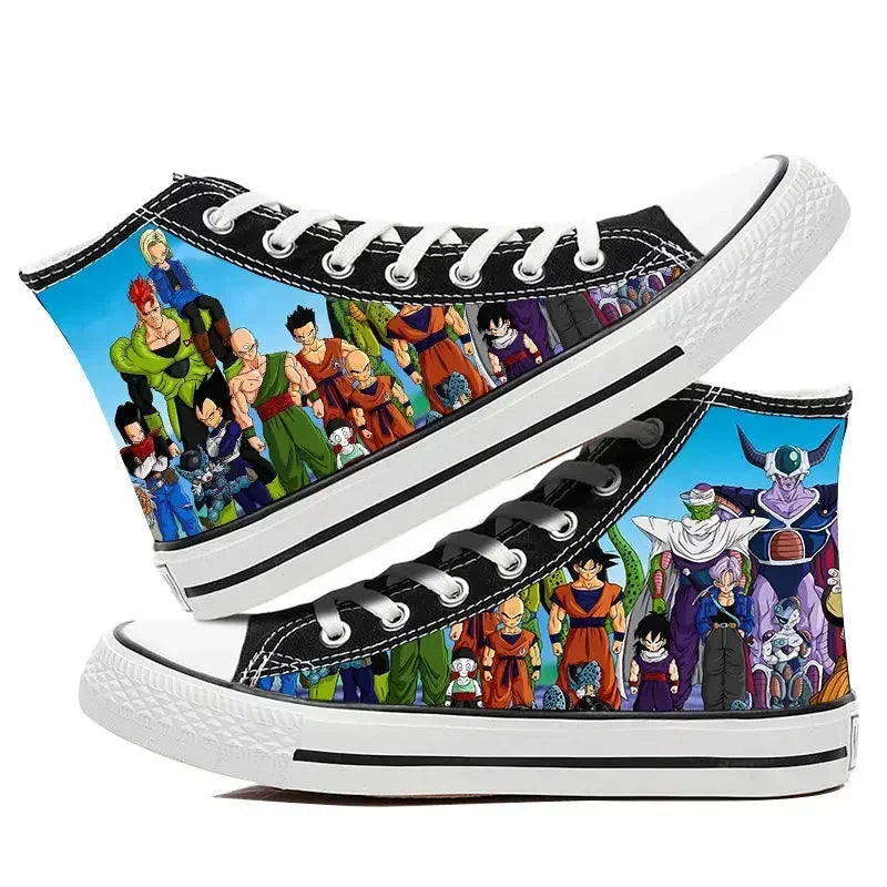 A pair of hot Dragon Ball Goku Canvas Shoes, anime fashion sneakers with a graffiti design for men, women, teenagers, and students.