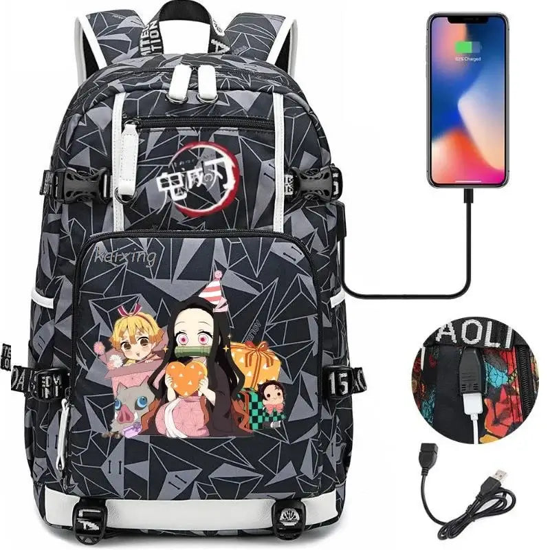 A pink and black Nezuko Demon Slayer Backpack featuring a USB charging port and kawaii anime character art, designed for teen girls and students.