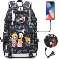 A pink and black Nezuko Demon Slayer Backpack featuring a USB charging port and kawaii anime character art, designed for teen girls and students.