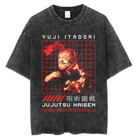 Yuji and Sukuna Split Face T-Shirt featuring Yuji Itadori from Jujutsu Kaisen in black vintage style.