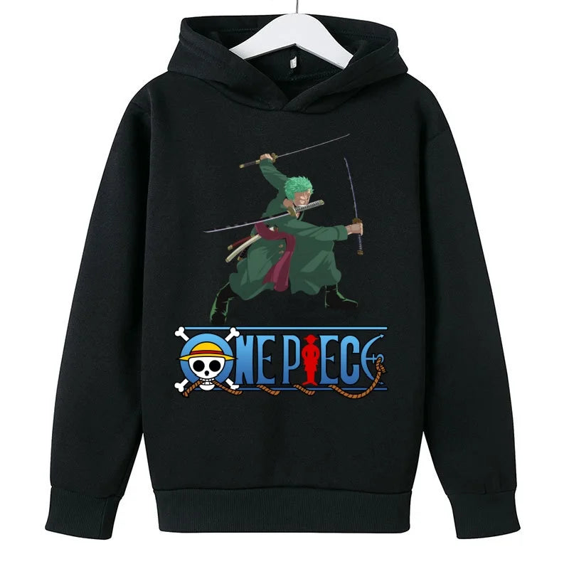 A trendy One Piece Kids Hoodie featuring cartoon graphic prints of Luffy and Zoro, designed as a casual spring and autumn pullover for children.