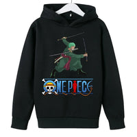 A trendy One Piece Kids Hoodie featuring cartoon graphic prints of Luffy and Zoro, designed as a casual spring and autumn pullover for children.