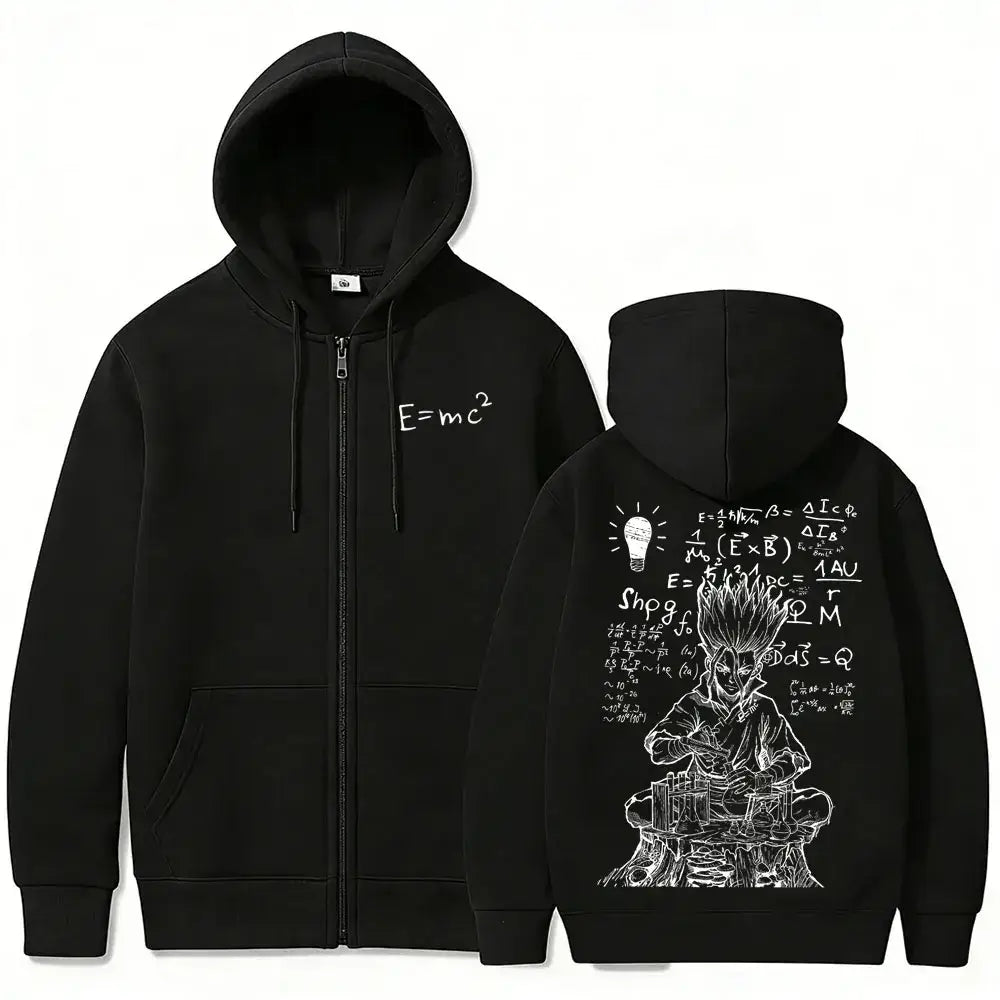 Senku Ishigami Dr. Stone Zip-Up Hoodie featuring fleece and scientific designs in navy blue