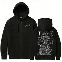 Senku Ishigami Dr. Stone Zip-Up Hoodie featuring a black design with equations and character illustration.