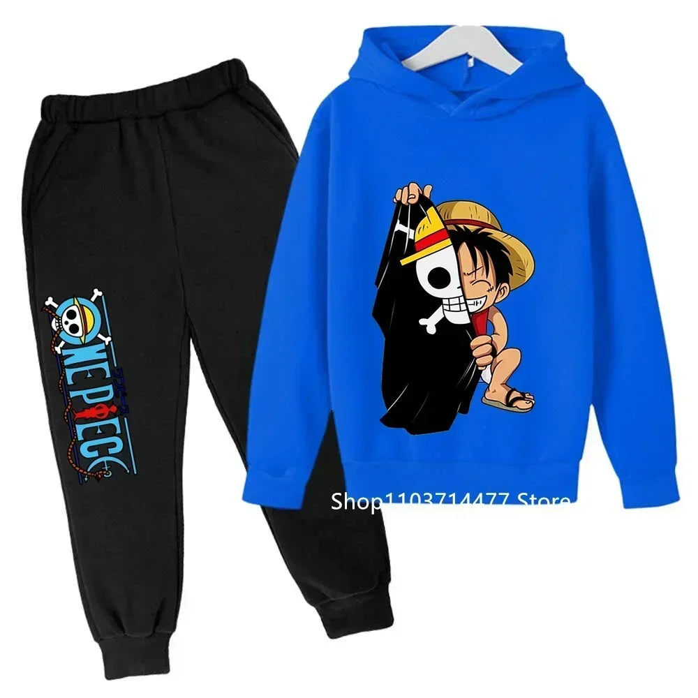 A comfortable One Piece Hoodie Set for kids featuring Monkey D. Luffy anime graphics, including a hoodie and pants 2-piece sports suit.