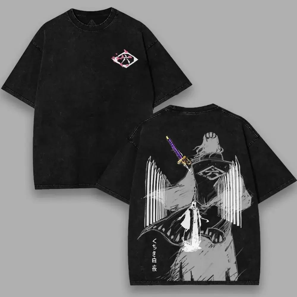 Bleach T-Shirt Vintage Washed Anime Streetwear oversized nylon-cotton blend Y2K hip-hop Bleach anime graphic washed finish applique unisex S to XXXL front view