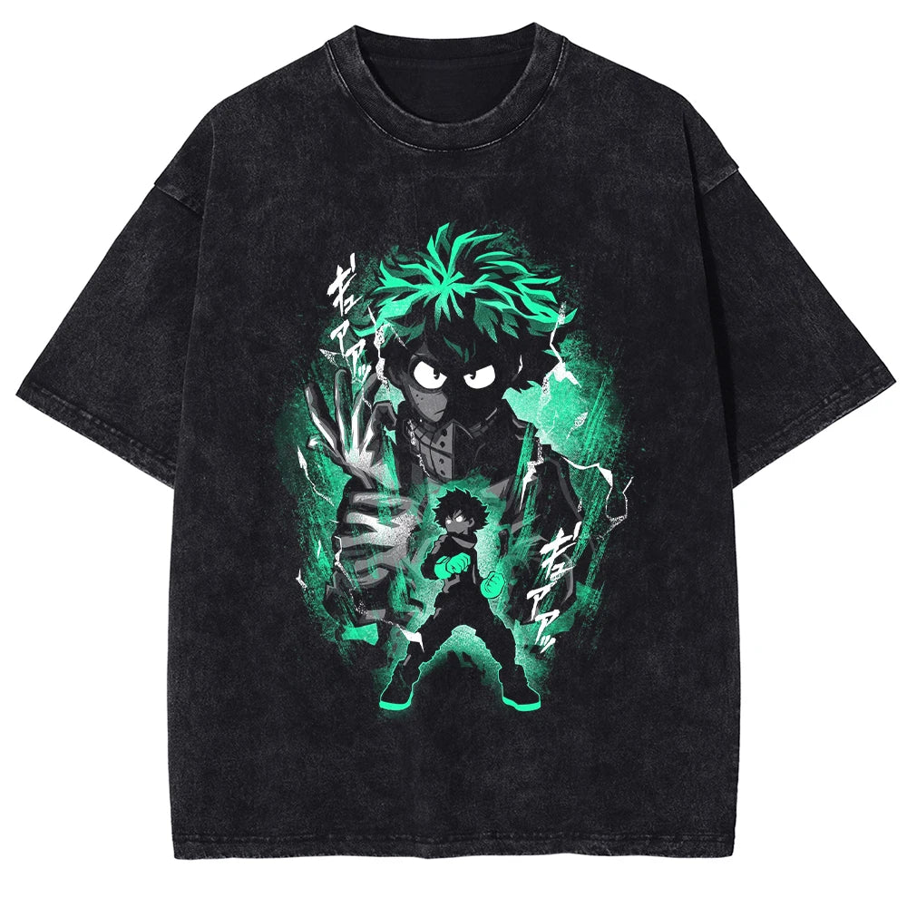 Kirishima Eijiro Washed T-Shirt featuring vibrant anime graphic on black background, made from breathable cotton-polyester.