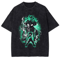 Kirishima Eijiro Washed T-Shirt featuring vibrant anime graphic on black background, made from breathable cotton-polyester.
