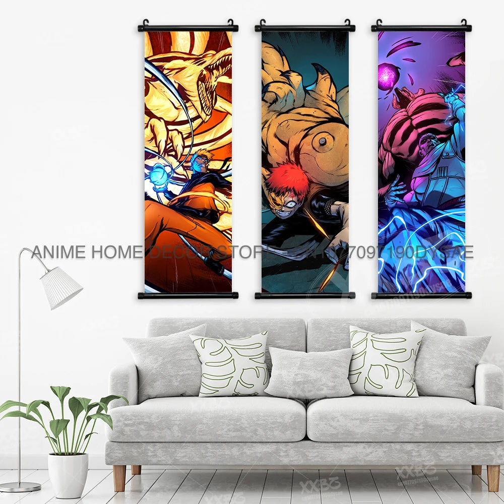 High-quality Uzumaki Naruto Posters wall art scroll featuring Sasuke Uchiha, Madara, and Might Guy for anime home decor.