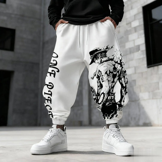 Men's loose One Piece Luffy Sweatpants featuring Y2K anime graphic prints, designed as autumn and winter hip hop trousers for gym and casual wear.