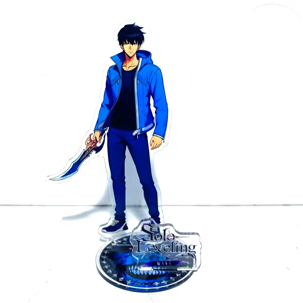 A high-definition 15cm Solo Leveling Acrylic Stand featuring Sung Jinwoo, Sung Jin Ah, and Yoo Jin Ho anime action figures for desk decoration.