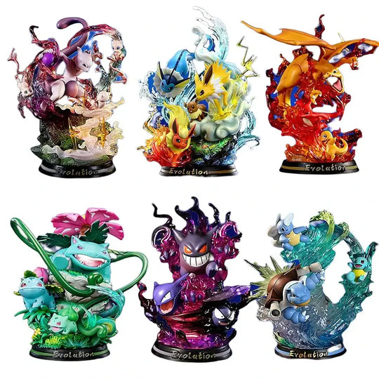 Detailed Pokemon Anime Figures made of PVC, featuring luminous Charizard, Gengar, and Eevee designs for collectors and home decoration.