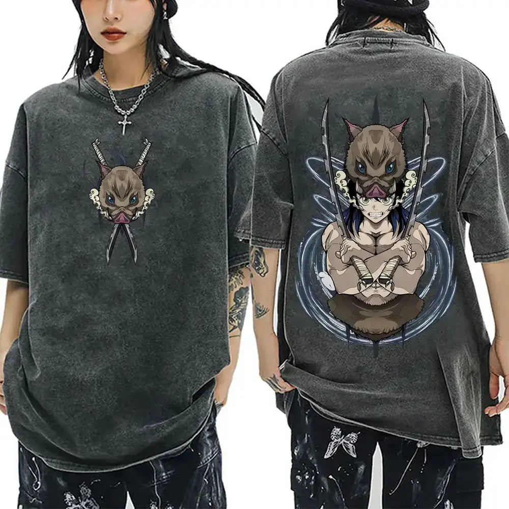 A vintage washed Demon Slayer Serpent Hashira Iguro Obanai T Shirt in a casual, oversized style for men and women.