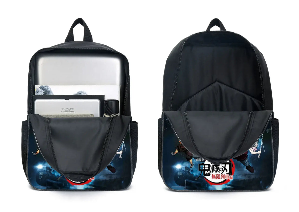 A pink Demon Slayer Backpack 3-piece set featuring Kamado Nezuko anime art, including a schoolbag, shoulder bag, and pencil case for students.