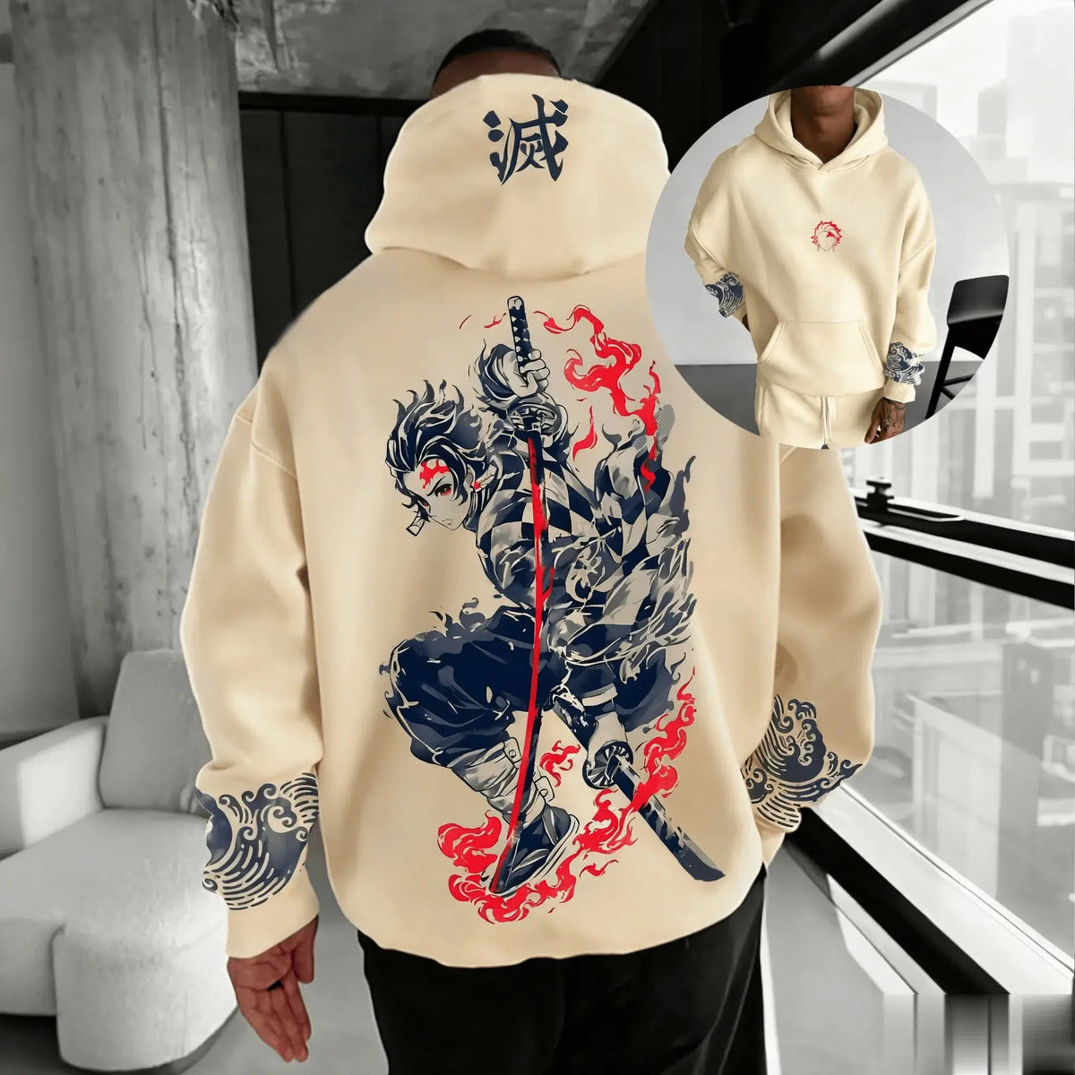 A trendy oversized Demon Slayer Hooded Sweatshirt featuring colorful anime character graphics, designed as casual autumn streetwear for men and women.