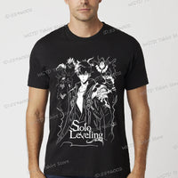A vintage black Solo Leveling Anime T-Shirt featuring a funny Sung Jinwoo graphic print, available in sizes S to 4XL for men and women.