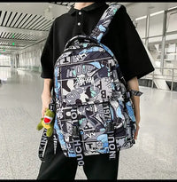 A high-capacity One Piece Luffy Backpack featuring a vibrant graffiti print of Monkey D. Luffy, designed as a durable school bag for middle and high students.