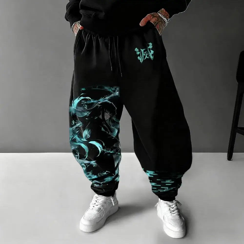 A pair of pure cotton Tokito Muichiro Jogger Pants featuring Japanese anime Demon Slayer graphic prints, designed as casual men's sport trousers.
