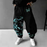 A pair of pure cotton Tokito Muichiro Jogger Pants featuring Japanese anime Demon Slayer graphic prints, designed as casual men's sport trousers.