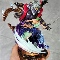 A detailed Roronoa Zoro Hell Form Figure made of PVC, showcasing the King of Hell three-sword style battle pose for anime collection.
