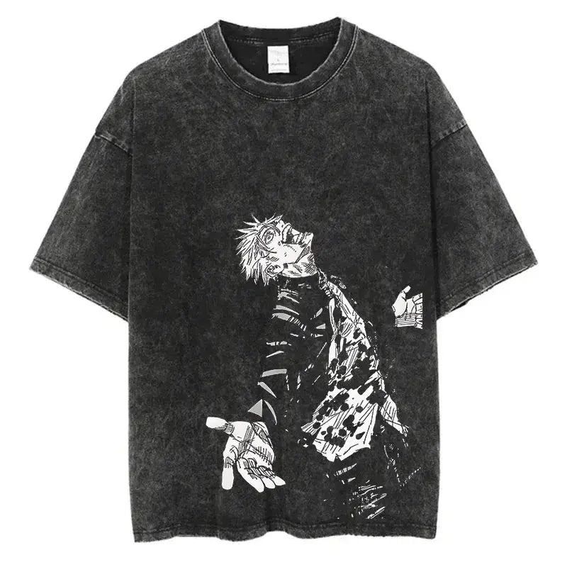 A vintage-style Anime Washed T-shirt made of 100% cotton, featuring an oversized Harajuku streetwear fit for men and women.